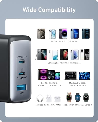Anker Nano 100W MacBook Charger, 3-Port Fast Compact GaN USB Charger Block for MacBook Pro/Air, Pixelbook, ThinkPad, Dell XPS, iPad Pro, iPhone 17 Series, Galaxy S23,and More (Black, 1 Pack & 1 Cable) - color: black