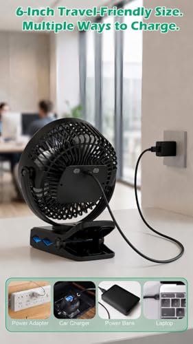 Meudeen 10000mAh Rechargeable Clip on Fan - 6 Inch Portable Fan - with Timer & LED Lantern - Battery Powered Golf Cart Fan - 5 Speeds Quiet Small Desk Fan for Camping - Stroller - Bedroom - color: Deep Black