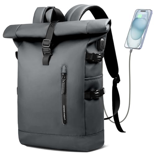 Rolltop Backpack for Men, Waterproof Travel Backpack with USB Charging Port, Large Capacity Adjustable18-27L Laptop Backpack for 15.6 Inch, Expandable Casual Daypack for Work Business College-Grey - color: Grey