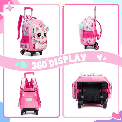 Cute Rolling Backpack for Girls School Backpacks with Wheels for Girls 8-12 Kawaii Rolling Backpack Kids Backpacks with Wheels Travel Luggage for Elementary Student - color: Pink Cat Strawberry