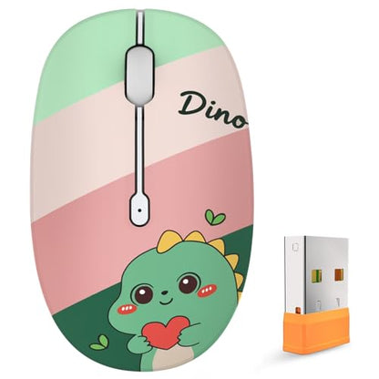 FMOUSE Cute Wireless Mouse, Bluetooth & 2.4GHz Dual Mode with USB Receiver, Silent Click, AA Battery Powered, for Kids Students Teen Girls, Compatible with Laptop Mac iPad PC (Cute Dino) - color: Cute Dino