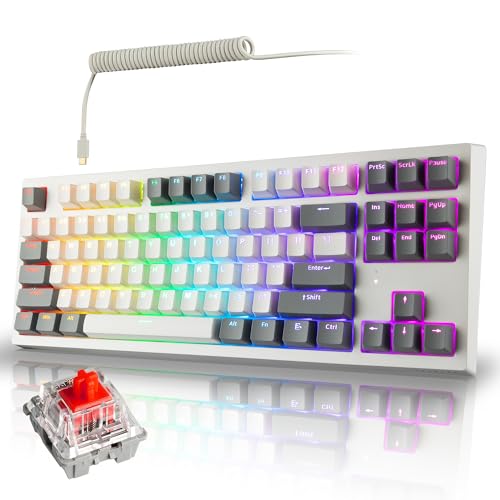TECWARE Phantom+ Elite 87 Key RGB Mechanical Gaming Keyboard | 3 Mode Wireless Bluetooth 5.0 2.4GHz & USB C Wired | Hot Swappable 5 Pin | Double Shot PBT Keycaps | Wraith Red Switch - White - color: Red Switch, size: Phantom+ Elite 87 | White