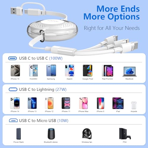 100W USB C to Multi Charging Cable, iPhone 15 Retractable Car Charger with Type C 100W+IP 27W+Micro USB 10W Multi Phone Charger for iPhone 15 14 13 12/Samsung S24 S23/iPad/MacBook/Tablet 4FT White