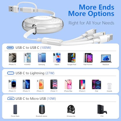 100W USB C to Multi Charging Cable, iPhone 15 Retractable Car Charger with Type C 100W+IP 27W+Micro USB 10W Multi Phone Charger for iPhone 15 14 13 12/Samsung S24 S23/iPad/MacBook/Tablet 4FT White