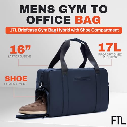 The FTL Lite Mens Gym to Office Bag - 17L Briefcase Gym Bag Hybrid with Shoe Compartment & 16" Laptop Sleeve - Executive Daily Carry & Overnight Duffel for Athletic Business Pros - Essex Blue - color: Essex Blue, style: Lite