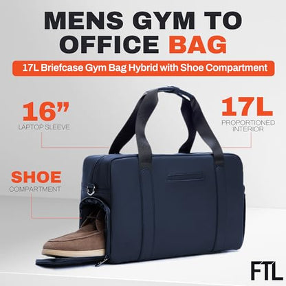 The FTL Lite Mens Gym to Office Bag - 17L Briefcase Gym Bag Hybrid with Shoe Compartment & 16" Laptop Sleeve - Executive Daily Carry & Overnight Duffel for Athletic Business Pros - Essex Blue - color: Essex Blue, style: Lite