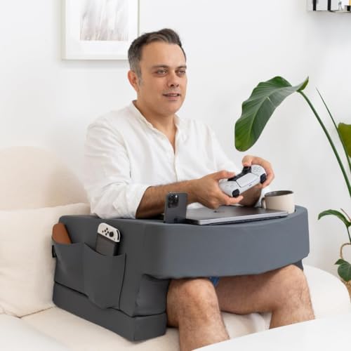 TabCouchCaddy Reading Pillow for Gaming – Extra Large Lap Desk & Arm Rest with Cup & Phone Holder, Adjustable Heights, Laptop Support, Large Pockets – Comfortable for Work, Gaming & Crocheting (Grey) - color: Gray