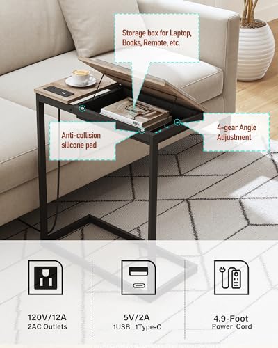 TUTOTAK Large C Shaped End Table, Side Table with Charging Station C Table | Tilting Laptop Stand with Storage, Computer Couch table for Living Room, Bedroom, Greige TB01BG090 - color: Greige, style: Plug