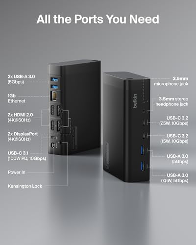 Belkin Connect 14-in-1 Docking Station 100W, Dual Display USB C Dock w/ 4K@60Hz Support, DisplayLink Technology - USB C Dock w/ 10Gbps Data Transfer, 1Gb Ethernet Port - Laptop Expansion Hub - style: 14-in-1, Dual Display, 100W