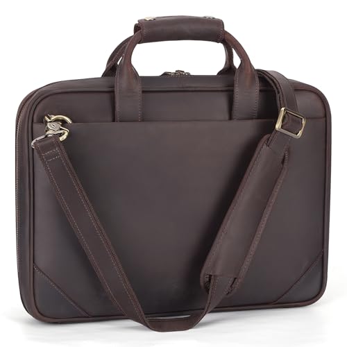 Masa Kawa Slim Leather 14" & 16 Inch Laptop Briefcase Messenger Bag For Men | Cowhide Crossbody Shoulder Computer Bag, Professional Business Work Lawyer Attache Case - color: Deep Brown, size: Small-Fits 14" Laptop