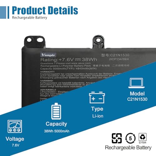 C21N1530 Laptop Battery, 7.6V 38Wh 5000mAh Compatible with ASUS Chromebook C202 C202SA C202SA-2A C202SA-YS02 Series Notebook 2ICP134/59/4 - size: 9.25 * 5.83 * 0.43 inch C21N1530