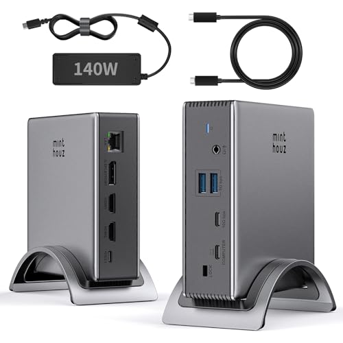Minthouz USB-C Docking Station, PD3. 1 Docking Station, 3 Monitors with 4K@144Hz, 2×HDMI + DP, 140W PD Charge, USB-C 10Gbps, 2×USB-A 5Gbps, Gigabit Ethernet, Audio/Mic, for Chrome OS & Windows