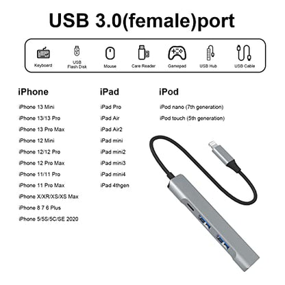 Lightning to USB Hub [Apple MFi Certified] 4-in-1 USB OTG Hub with 3 USB3.0 Port and Fast Charging Port for iPhone/iPad Compatible with Microphones/Flash Drive/Keyboard/Mouse/Sound Card