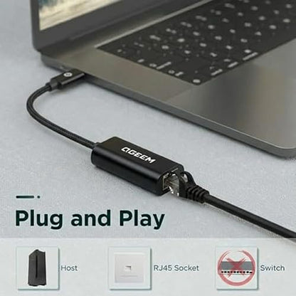 QGeeM USB C to Ethernet Adapter, 1000Mbps Gigabit RJ45 LAN Network Dongle, Thunderbolt 4/3 Compatible, Braided Nylon Aluminum Case for iPhone 17 16 15 Pro Max, MacBook Pro/Air M3 M2, iPad, XPS - Black - color: Black