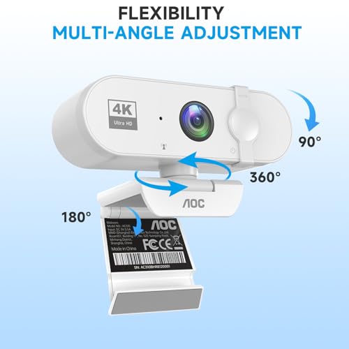 AOC 4K Webcam for PC, Streaming Camera with Noise-Canceling Mic, White | 90° FOV, Privacy Cover, Plug & Play, Zoom/Skype/FaceTime Compatible, Works with Mac/Laptop/Switch 2, USB C-A Adapter Included - color: white