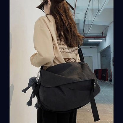 Men's canvas bag, men's and women's Japanese casual crossbody bag, men's large capacity canvas messenger bag - color: Black