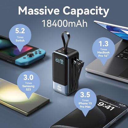 65W Power Bank for Laptop, 18400mAh Fast Charging Portable Charger, Battery Pack with Dual Built-in USB-C & Lightning Cables, LCD Display Travel Chargers for MacBook/Dell XPS/iPad/iPhone 15/Samsung - color: Black