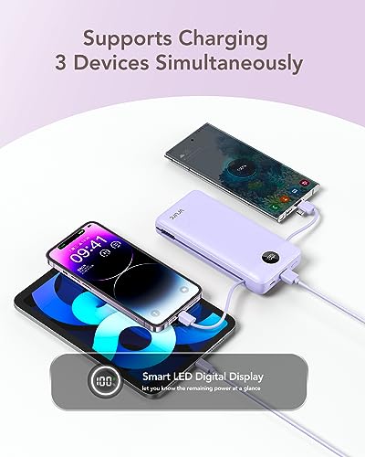 VRURC Portable Charger 20000mAh, Fast Charging Power Bank USB C,4 Output 2 Input Travel Essentials Charging Bank Equipped with LED Display,Built-in Wall Plug and Cables,Phone Charger Battery,Purple - color: Purple