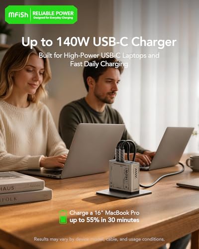 Mfish E-Rhino 140W USB-C Charger, True PD 3.1 GaN Fast Charger, 4-Port (3 USB-C + 1 USB-A) Foldable Plug Power Adapter for MacBook Pro 16”, iPhone 17/16, iPad, Galaxy, Tablet, Laptop, Grey - color: 140W-Grey
