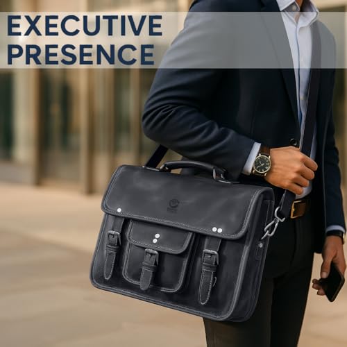 Leather Messenger Bag for Men - 16 Inch Laptop Briefcase, Office Satchel | Fits 16" Laptop & Documents, Top-handle, Removable Shoulder Strap, Brass Fittings, Luggage Sleeve, Organized Pockets - color: Black