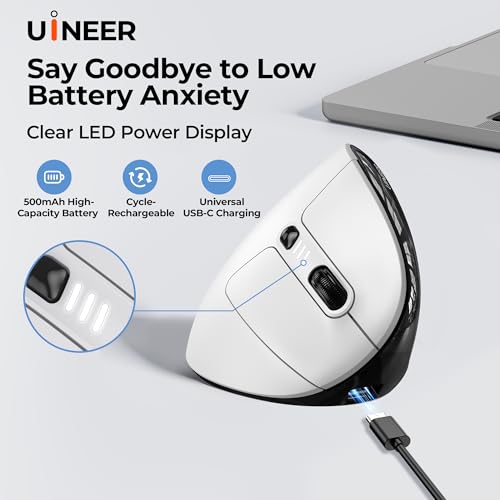 Uineer Ergonomic Wireless Vertical Mouse, 3-Mode Bluetooth 5.0/4.0 & 2.4GHz | Rechargeable, USB-A Receiver, Silent Computer Mouse for Laptop, Mac, iPad and PC, 4 DPI Levels, LED Light, 3-Device Switching