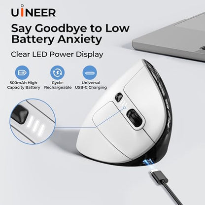 Uineer Ergonomic Wireless Vertical Mouse, 3-Mode Bluetooth 5.0/4.0 & 2.4GHz | Rechargeable, USB-A Receiver, Silent Computer Mouse for Laptop, Mac, iPad and PC, 4 DPI Levels, LED Light, 3-Device Switching