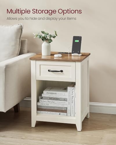 VASAGLE LIRY Collection - Farmhouse Nightstands with Charging Station, Set of 2 Bedside Tables, Side Tables with Drawer, Open Compartment, for Bedroom, Rustic White and Honey Brown ULET859K41 - color: Rustic White + Honey Brown, size: 2 PACK, style: 17.7"