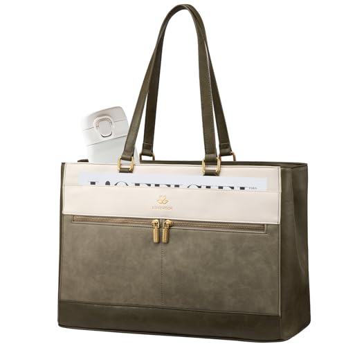 LOVEVOOK Laptop Bag for Women,15.6 Inch Vintage Work Tote Bags for Women,Leather Teacher Bag,Large Handbag Computer Briefcase - color: Green/White, size: 15.6 Inch