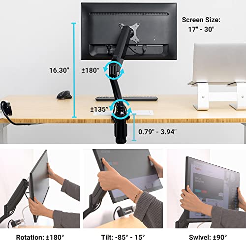 Progressive Desk Single Gas Spring Monitor Stand - Fits 17"-30" Monitors - ±180 Monitor Rotation - Arm Holds Up to 20 lbs - style: Single 17"-30"