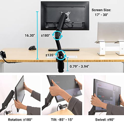 Progressive Desk Single Gas Spring Monitor Stand - Fits 17"-30" Monitors - ±180 Monitor Rotation - Arm Holds Up to 20 lbs - style: Single 17"-30"