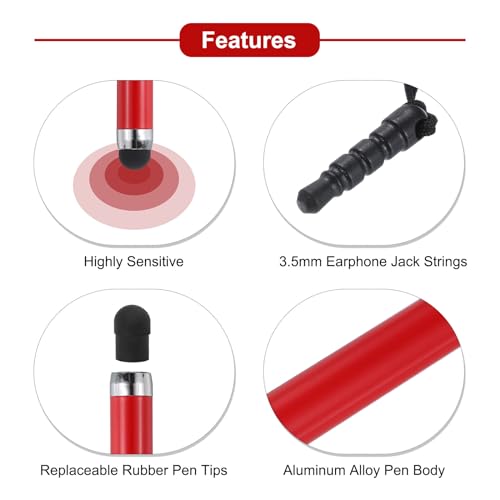 MECCANIXITY 5pcs Metallic Stylus Pen Retractable Aluminum Alloy Mini Capacitive Pens for Universal All Touch Screen Devices, Red - color: Red