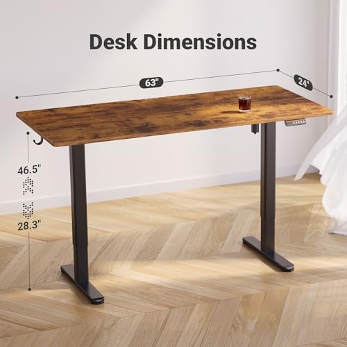 Claiks Electric Height Adjustable Standing Desk, 63x24 Inch, Rustic Brown | Smooth Height Adjustment, 4 Memory Presets, Cable Management Hub&Hook, Stable Steel Frame, 176lbs Capacity, Easy Assembly - color: Rustic Brown, size: 63