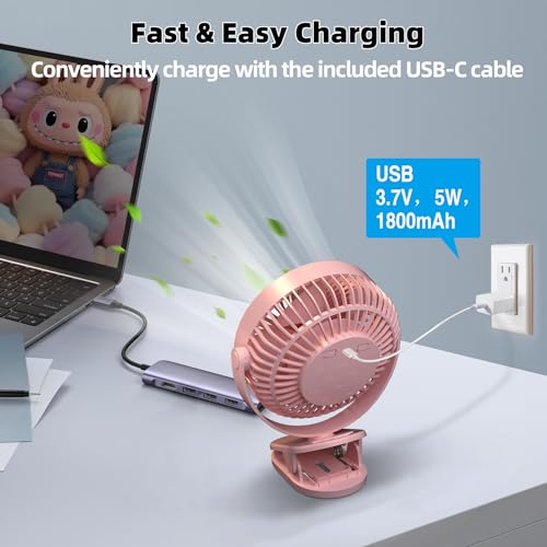 Clip on Fan Rechargeable, 8-Inch Battery Operated Desk Fan, USB Fan, 5Speeds, Strong Airflow, Sturdy Clamp for Golf Cart Office Desk Outdoor Travel Camping Tent Gym Treadmill,Pink - color: Pink