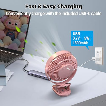 Clip on Fan Rechargeable, 8-Inch Battery Operated Desk Fan, USB Fan, 5Speeds, Strong Airflow, Sturdy Clamp for Golf Cart Office Desk Outdoor Travel Camping Tent Gym Treadmill,Pink - color: Pink