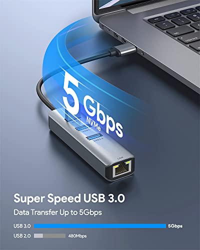 USB 3.0 to Ethernet Adapter,ABLEWE 3-Port USB 3.0 Hub with RJ45 10/100/1000 Gigabit Ethernet Adapter Support Windows 10,8.1,Mac OS, Surface Pro,Linux,Chromebook and More - color: Grey