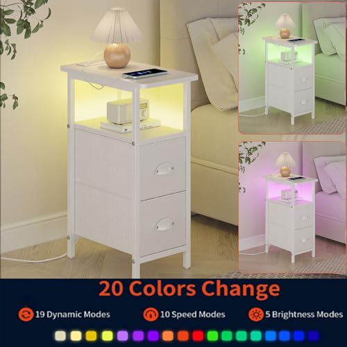 sthmec Narrow End Table with Charging Station, Narrow Side Table with 2 Fabric Drawers, LED End Table, Slim Nightstand with LED Light, Small Side Table for Small Spaces, Living Room, Bedroom, White - color: White, size: 7.87'' W x 15.75'' D x 24.37'' H, s