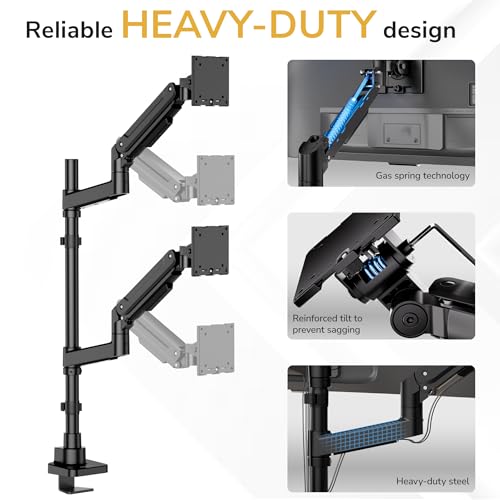 Mount-It! Dual Ultrawide Monitor Desk Mount for 17–49” Screens, Height-Adjustable Stacking Arms with Pole, Heavy Duty Gas Spring, Full Motion, VESA 75/100, Clamp or Grommet