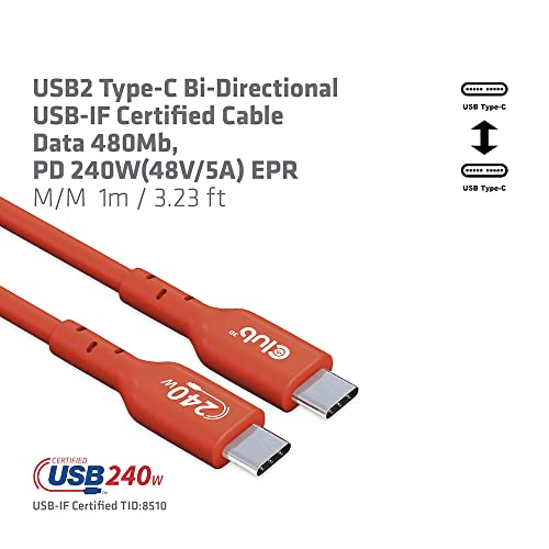 Club 3D CAC-1511 USB2 Type C to Type C Certified Bi-Directional Cable with 240W Charging, 480Mb Data Transmission EPR 1m - 3.28ft - size: 1m - 3.28ft