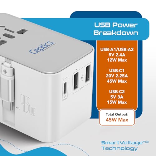 Ceptics 5 in 1 International Travel Adapter with PD 45W Retractable USB-C Cable 65cm, 2X USB-A 2.4A, 1x USB-C 3A, Travel Adapter Worldwide for Laptop, Phones and Cameras for US, EU, UK, UP-45WC-WH - color: White/Silver