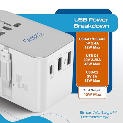 Ceptics 5 in 1 International Travel Adapter with PD 45W Retractable USB-C Cable 65cm, 2X USB-A 2.4A, 1x USB-C 3A, Travel Adapter Worldwide for Laptop, Phones and Cameras for US, EU, UK, UP-45WC-WH - color: White/Silver