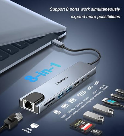 USB C Hub Ethernet HDMI Adapter, 8 in 1 Docking Station with 4K HDMI, RJ45 Ethernet, SD/TF Card Reader, USB 3.0/2.0, PD 100W, LAN USB-C Dongle for MacBook Pro/Air, iPad Pro, XPS, etc - style: 8-in-1