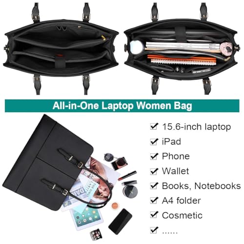 Laptop Bag for Women 15.6 Inch Leather Work Tote Briefcase Business Computer Shoulder Bag Large Capacity Waterproof Office Messenger Handbag Professional Teacher Nurse Carryall - color: Black