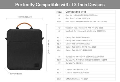 Dadanism 13 Inch Tablet Sleeve Shoulder Bag with Handle for iPad Pro 13" M4 2024, iPad Air 13", iPad Pro 12.9", Galaxy Tab S10+ Plus/S9 FE+/S9+ Plus 12.4", Remarkable Paper Pro 11.8", Black Gray | Fits iPad Pro 13" M5 2025, iPad Air 13" M4 2026, iPad Pro