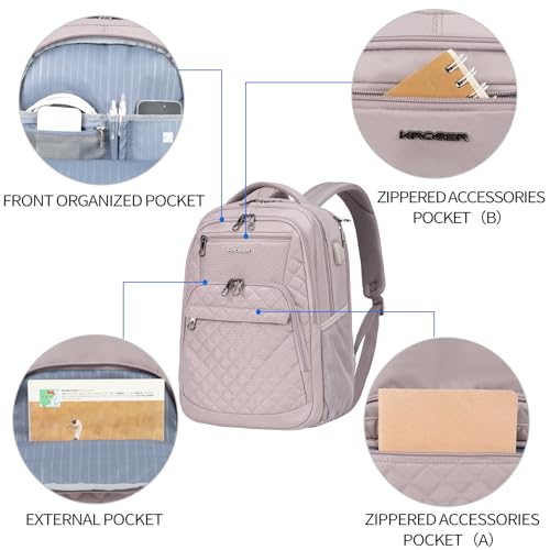 KROSER Travel Laptop Backpack 17 Inch Large Computer Backpack Dusty Pink | Water-Repellent Daypack, USB Charging Port, RFID Pockets, for Work/Business/College/Men/Women, Quilted - color: Quilted Dusty Pink