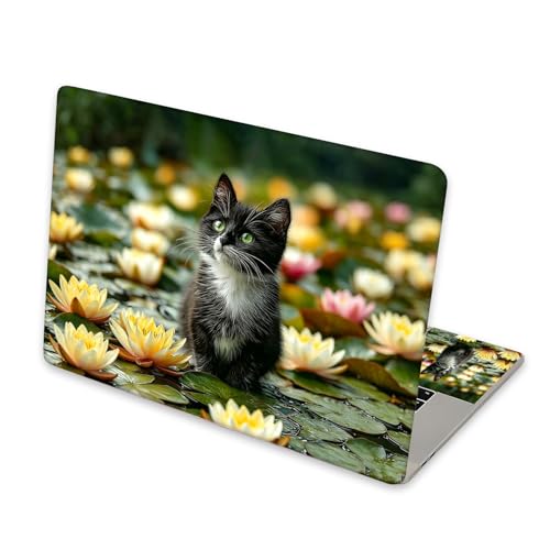 Universal Laptop Skin Sticker for 12/13/14/15.6 Inch Laptops, Reusable Vinyl Laptop Decal Cover, Waterproof Scratch Resistant Notebook Skin with 2 Wrist Pads,Water Lily Cat - color: Water Lily Cat