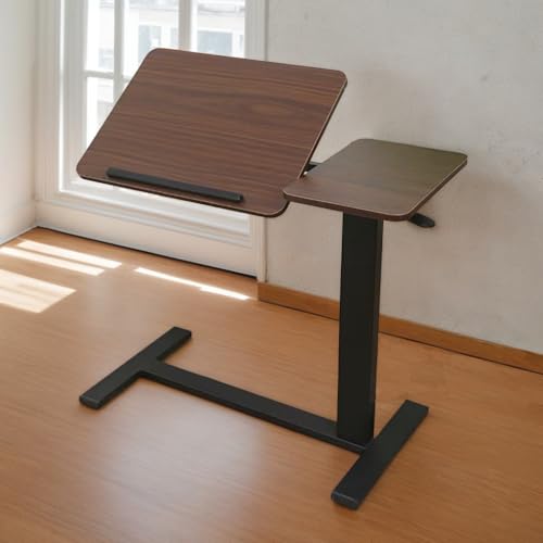 Portable Overbed Rolling Desk, Height Adjustable Mobile Standing Table, Foldable 31 Inch Small Laptop Bedside Desk with Tiltable Desktop, Hidden Wheels, Tray Table for Bed Sofa Side, Walnut+Black - color: Walnut+black