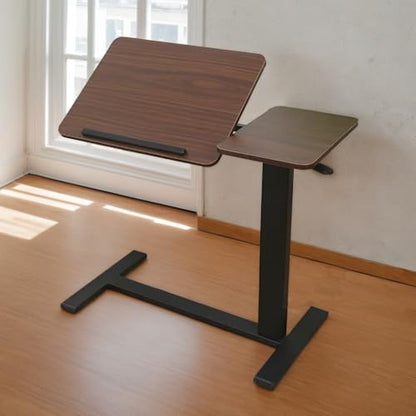 Portable Overbed Rolling Desk, Height Adjustable Mobile Standing Table, Foldable 31 Inch Small Laptop Bedside Desk with Tiltable Desktop, Hidden Wheels, Tray Table for Bed Sofa Side, Walnut+Black - color: Walnut+black