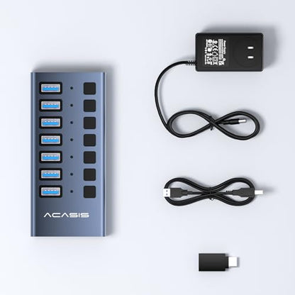 ACASIS Powered 7 Ports USB 3.2 Hub, 10Gbps Data Transfer, 24W Adapter | Individual On/Off Switch for Each Port • Aluminum Housing • Better Heat Dissipation • Plug & Play - size: 7 ports