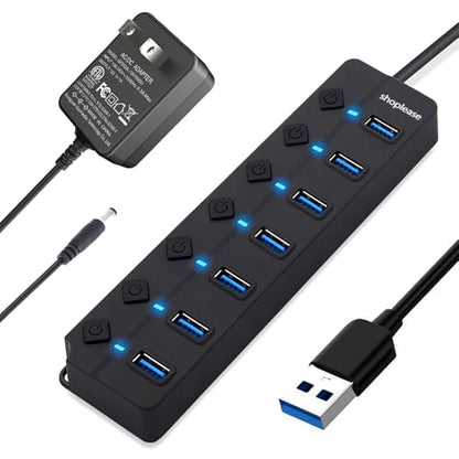 USB 3.0 Splitter, 7-Port USB 3.0 Hub with Individual Power Switches and Lights, Portable Expansion Data Hub with 5V/2A Power Adapter for Windows 10, 8.1, 8, 7, Vista, XP, Linux, Mac OS X