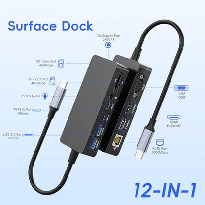 2026 New Surface Thunderbolt 4 Dock Triple Displays 4K HDMI*2+VGA, 12 in 1 Surface Pro Docking Station with Power Adapter for Surface Pro 11/10/9/8/X/7/6/5/4/3, Surface Laptop, Surface Book Go